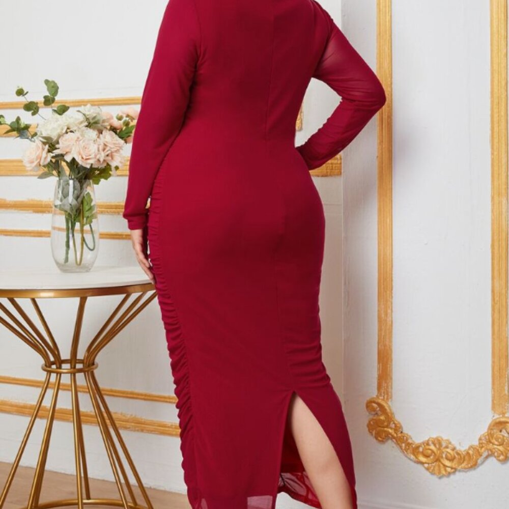 Classic Plus Square Neck Ruched Red Mesh Dress - Picture 2 of 12
